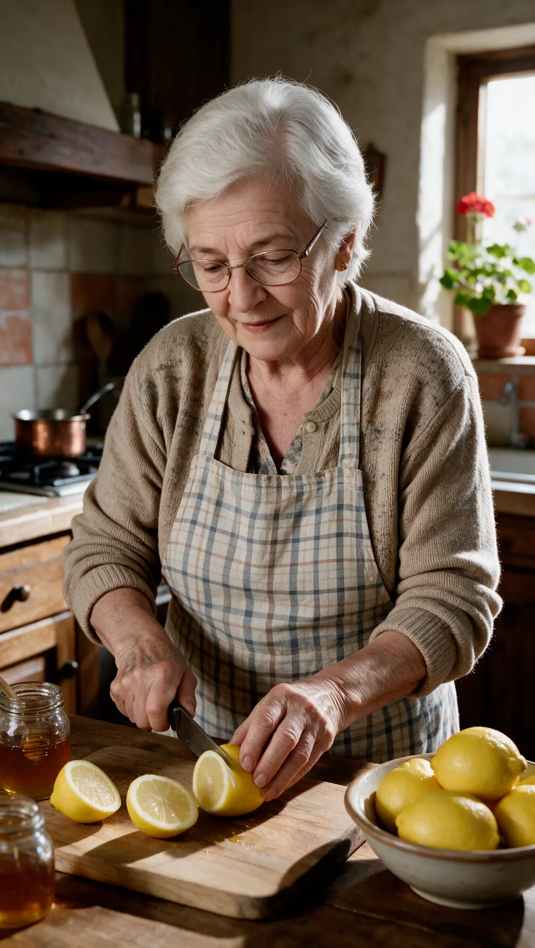 Pilar preparando limón con miel sobre la tabla de madera