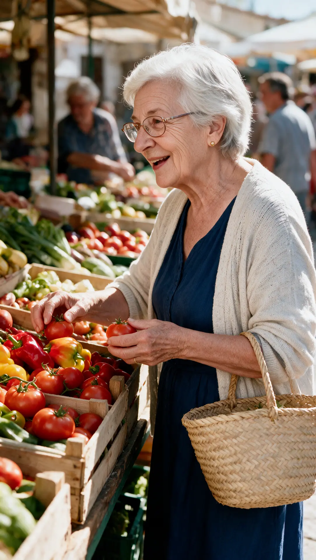 Pilar eligiendo verdura en el mercado