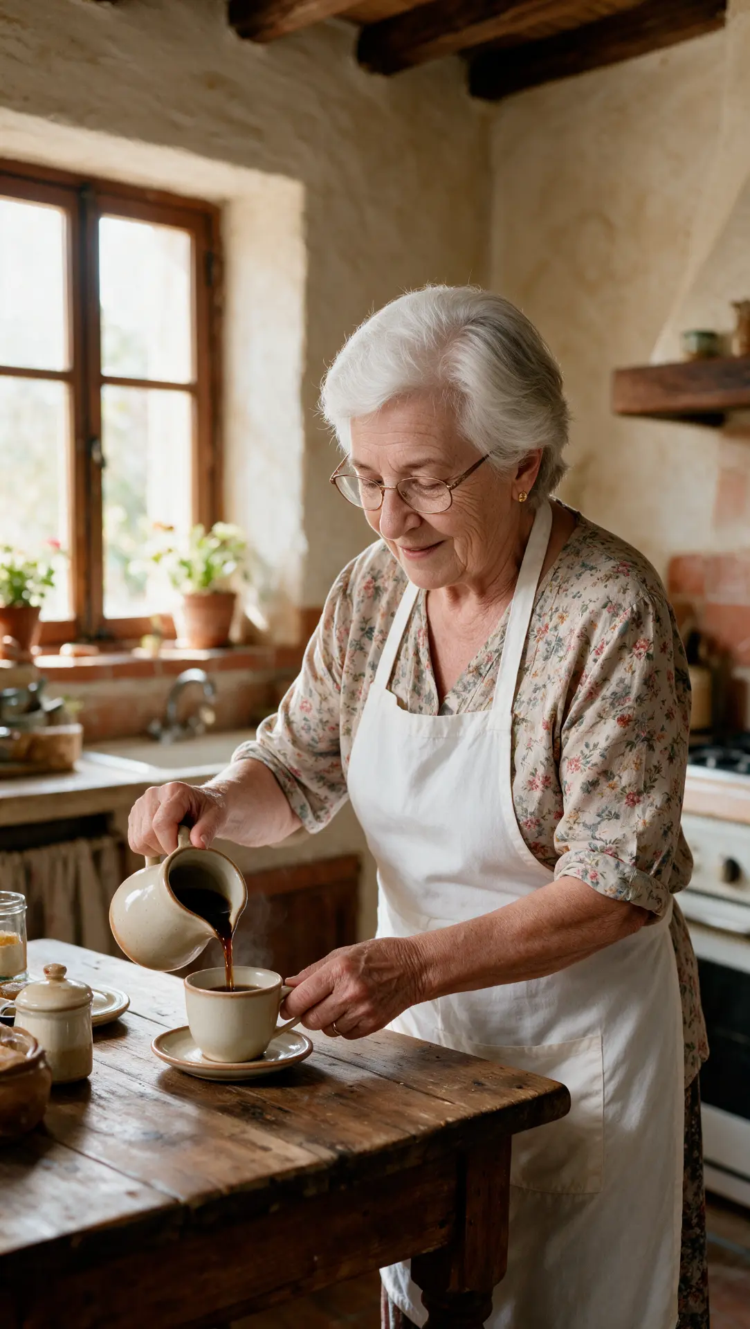 Pilar sirviendo una infusión en la cocina