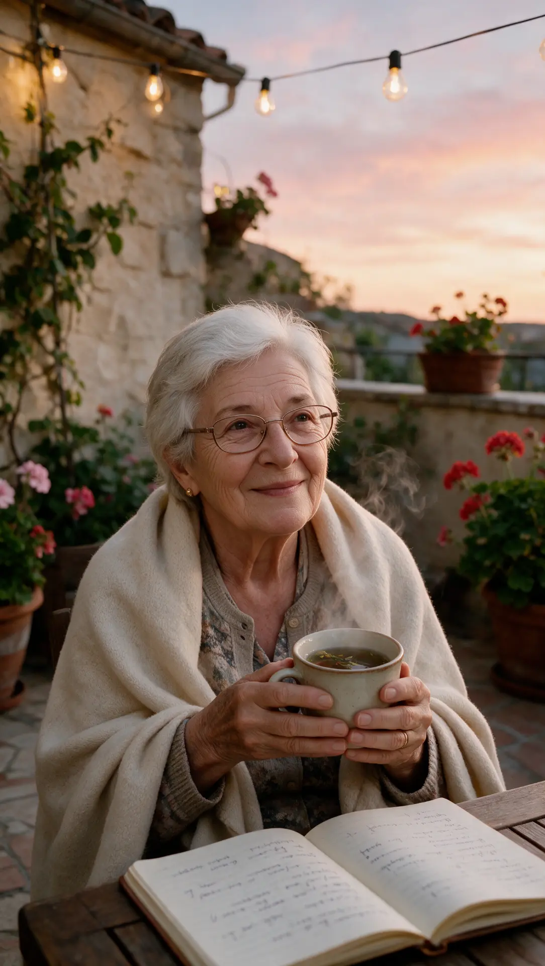 Pilar tomando una infusión en su terraza al atardecer
