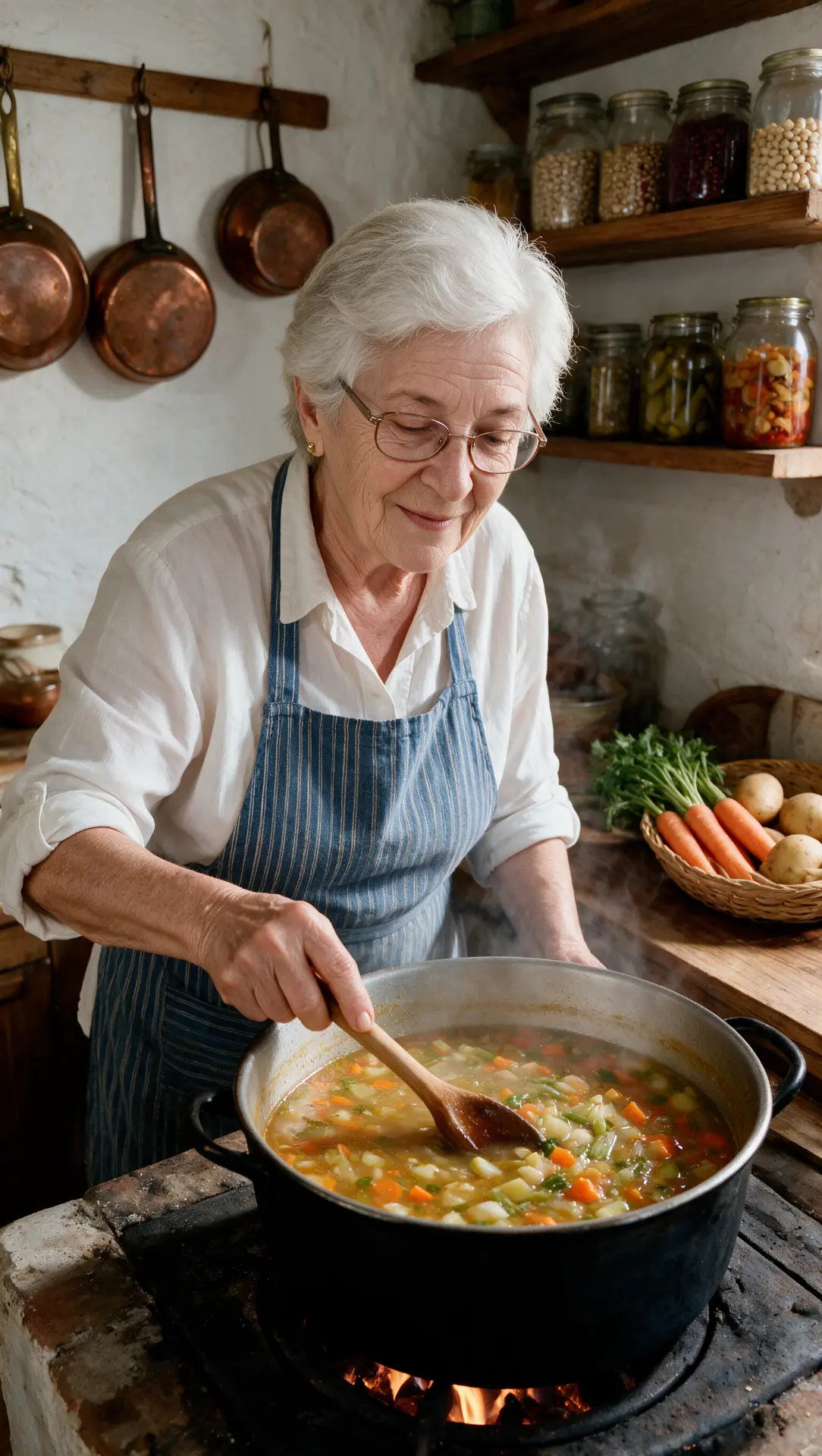 Pilar cocinando un caldo en su cocina de pueblo