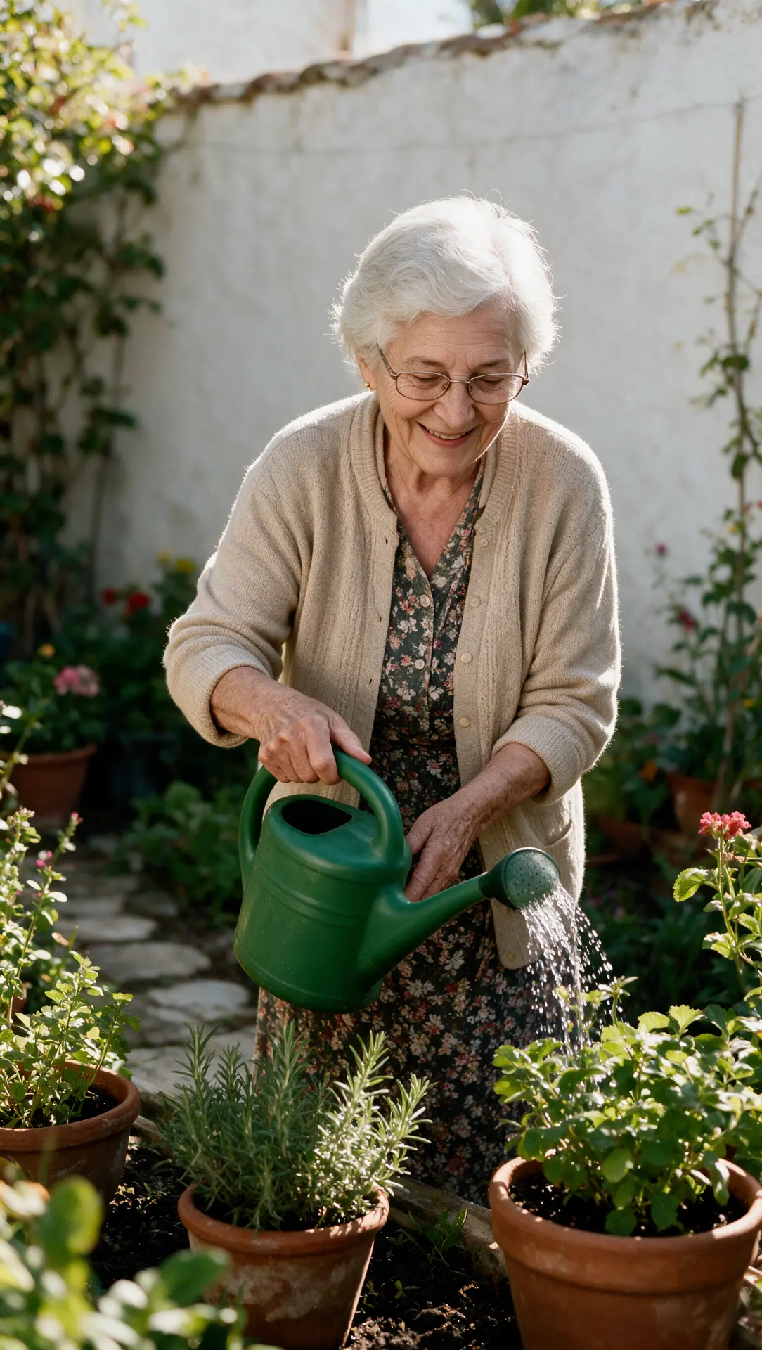 Pilar regando sus plantas aromáticas